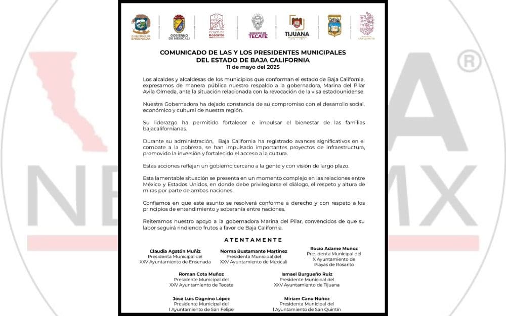 Presidentes municipales de los siete municipios de Baja California manifestaron su respaldo a Marina del Pilar.