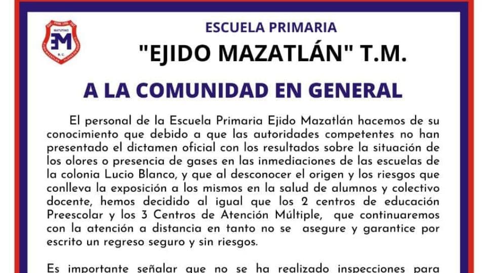 No quieren volver a clases maestros de la  primaria Ejido Mazatlán por emisión de gases tóxicos en las instalaciones. I FOTO: Cortesía