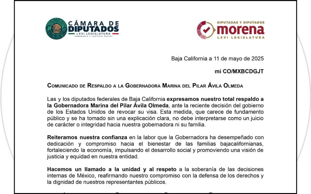 Los diputados federales de Morena en Baja California se pronunciaron a favor de la gobernadora Marina del Pilar, pidiendo no emitir juicios anticipados sobre la revocación de su visa estadounidense.