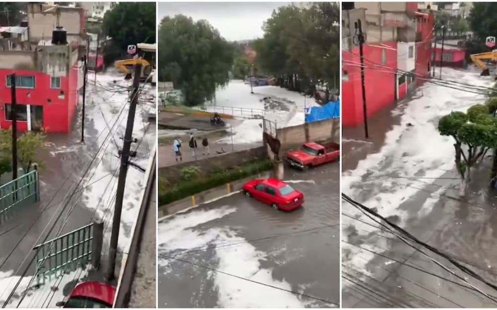Pie de foto: El agua alcanzó hasta 1.5 metros de altura en calles de San Rafael Chamapa, dejando vehículos casi cubiertos y generando preocupación entre los vecinos.
