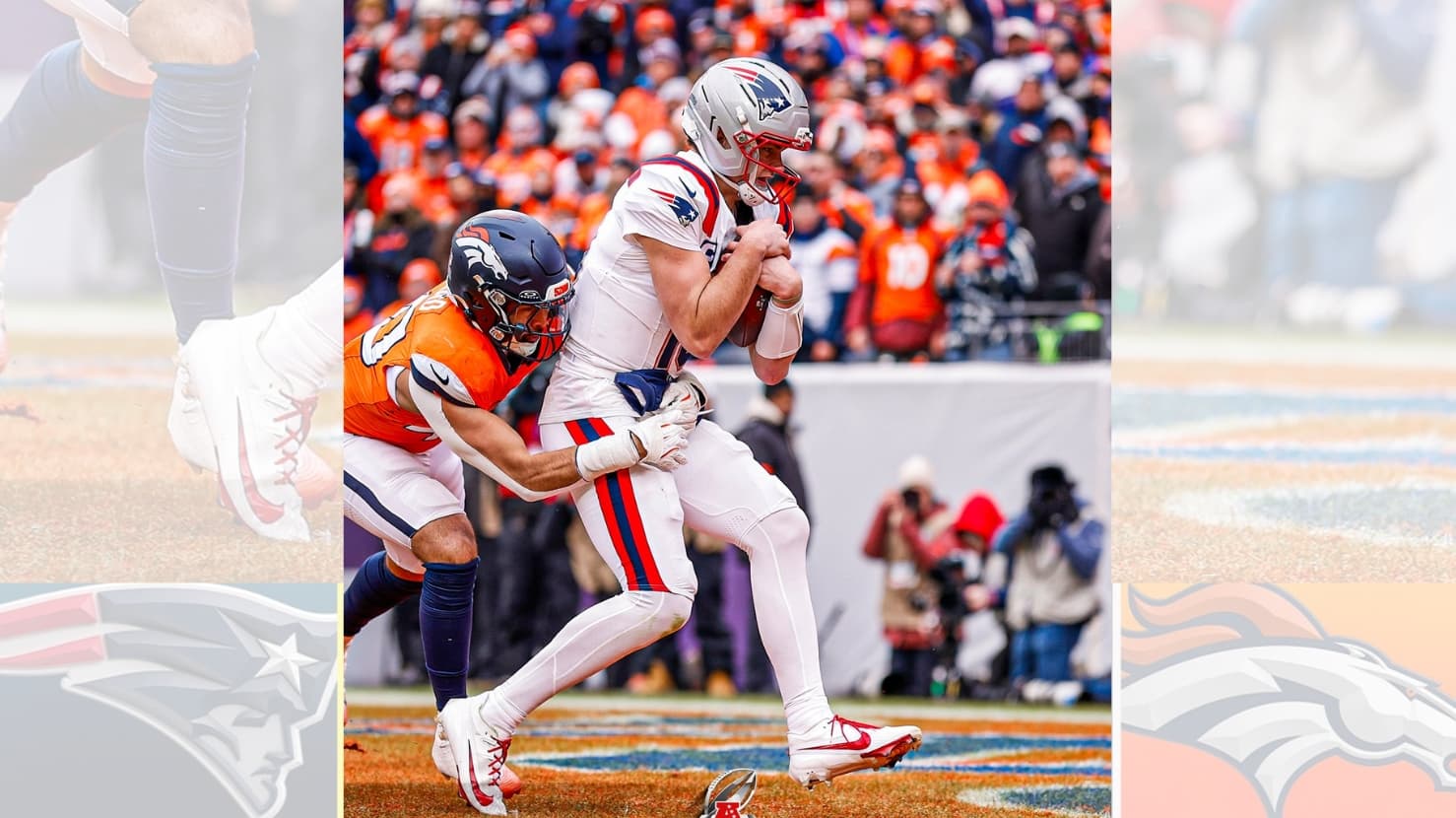 Drake Maye corre hacia la zona de anotación en el segundo cuarto, jugada clave que encaminó a los Patriots rumbo al Super Bowl LX.