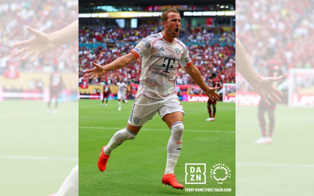 Harry Kane celebra uno de sus goles ante Flamengo; el Bayern avanzó a cuartos y enfrentará al PSG el sábado en Atlanta.