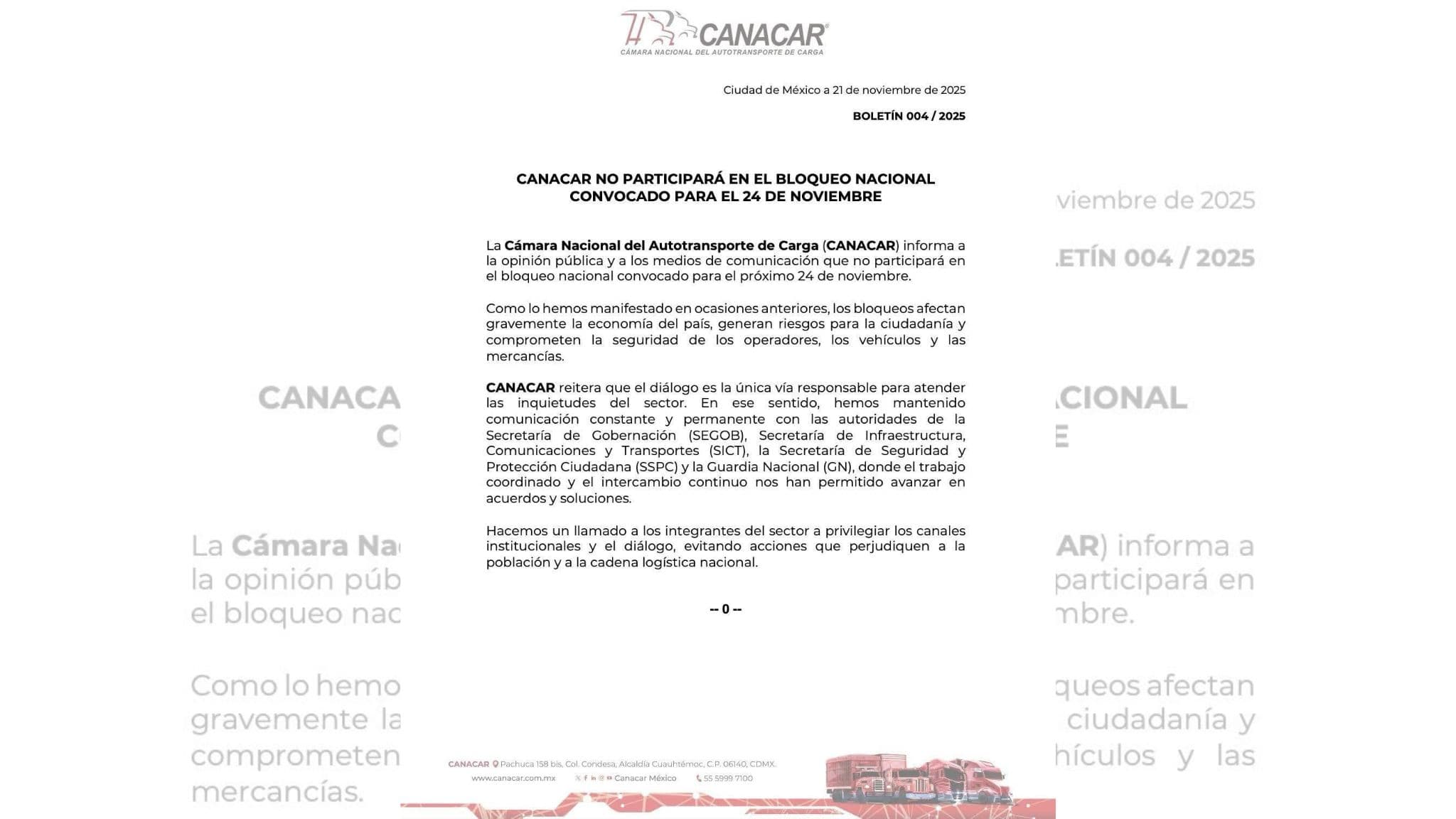 Canacar llamó a transportistas a evitar bloqueos y mantener el diálogo con autoridades.