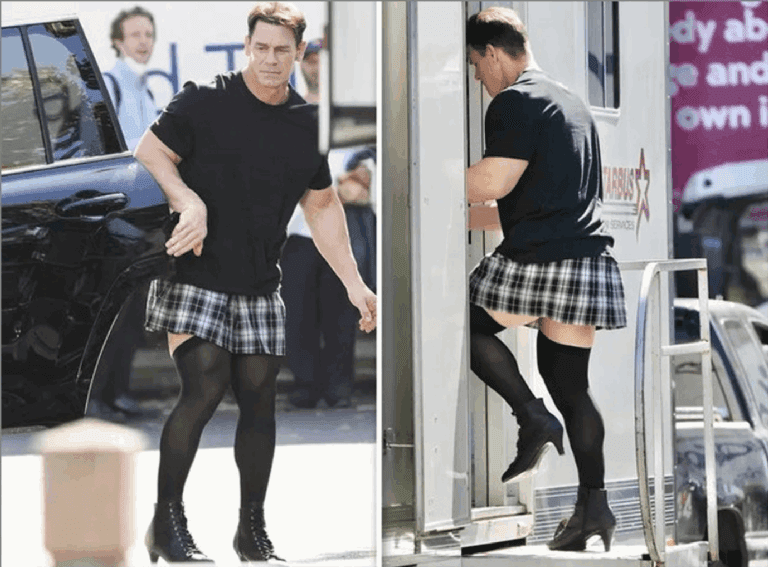 Recientemente el luchador fue captado en plena vía pública usando una mini falda, medias negras y tacones. En las fotografías se puede observar como John Cena desciende de un vehículo y en la otra se le aprecia entrando a lo que parece ser un camper.
