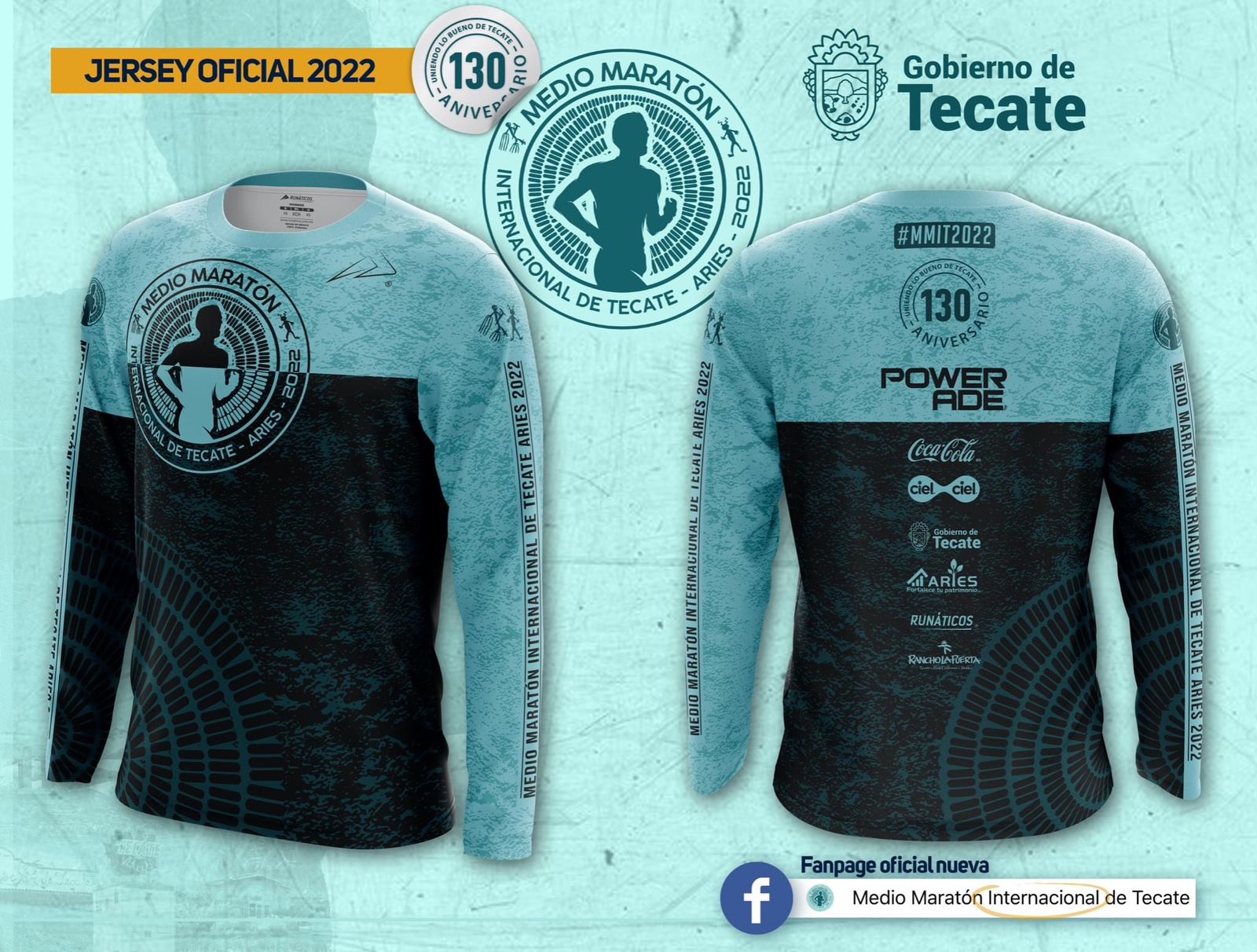 Jersey oficial del Medio Maratón Internacional de Tecate-Aries 2022. Dicha prenda cuenta con microfibra deportiva 100% poliéster, protección UV y  es antibacterial