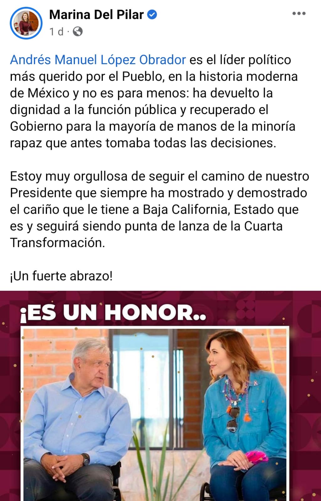 Felicitaciones por parte de Marina de Pilar, Gobernadora de Baja California
