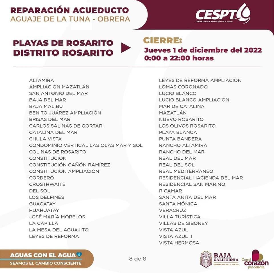 Lista de colonias con cierre de servicio