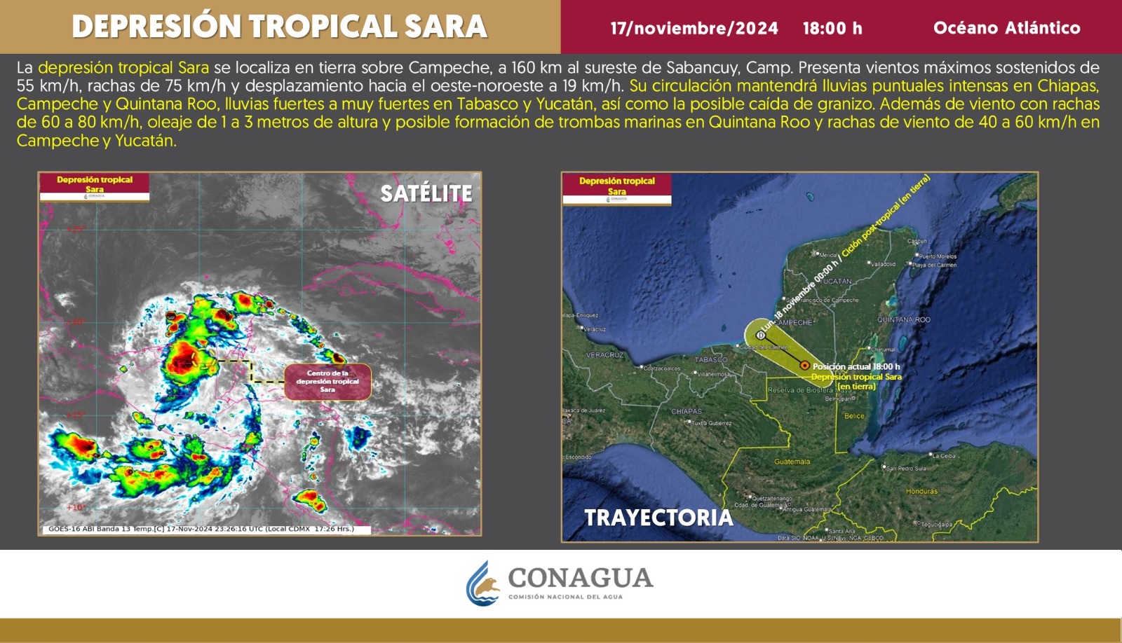 La presencia de Sara genera lluvias intensas de 75 a 150 milímetros en Campeche, Chiapas y Quintana Roo