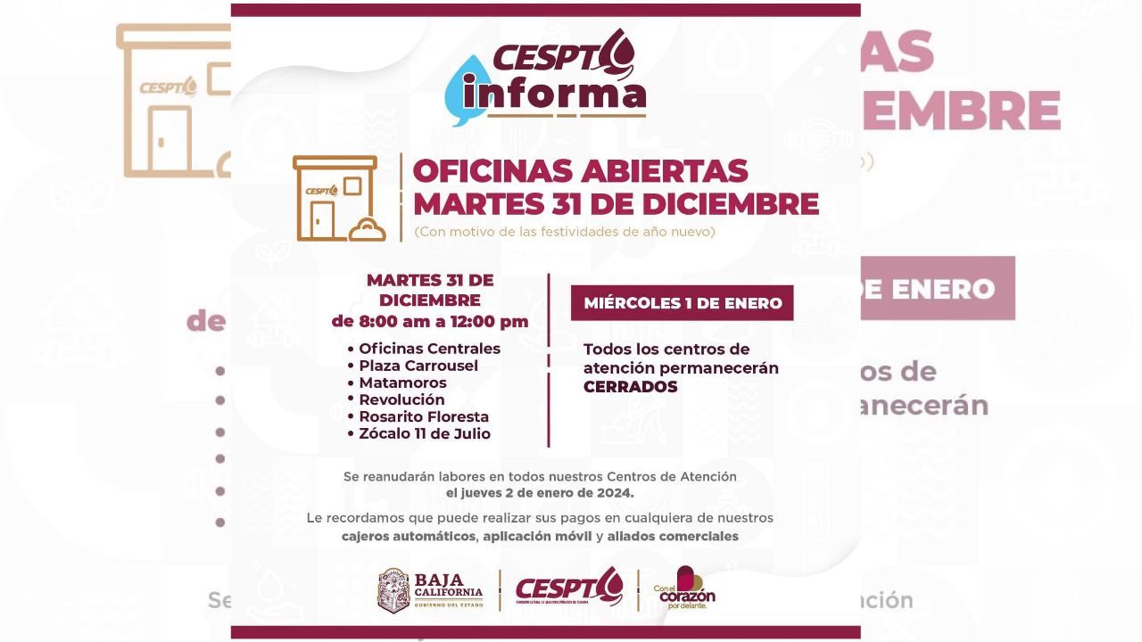 Abrirán oficinas de la CESPT en año nuevo; estos son los horarios