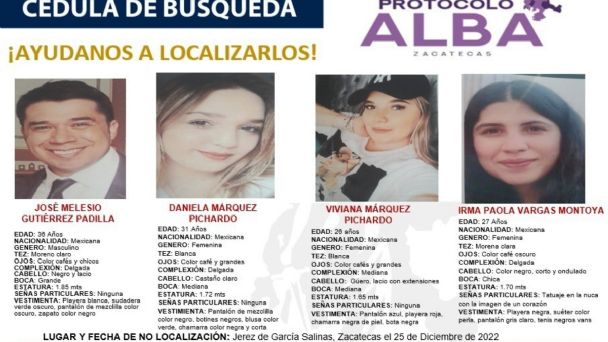 Familiares y amigos de las víctimas difundieron las fichas de búsqueda de Irving Castor (21 años), Natalio Torres (21 años), Luis Ángel Manzanares (25 años), Alexia Monserrat Abrego (25 años) y Valeria Landeros (24 años), así como fotos del vehículo en el