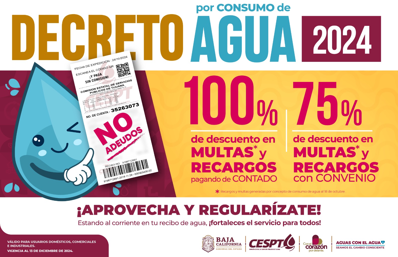 Anuncia CESPT condonación de recargos por consumo de agua