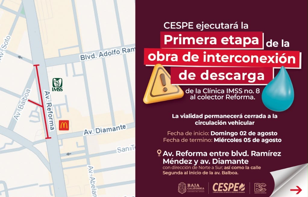 ENSENADA: Anuncian cierre parcial de la avenida Reforma del 2 al 4 de agosto