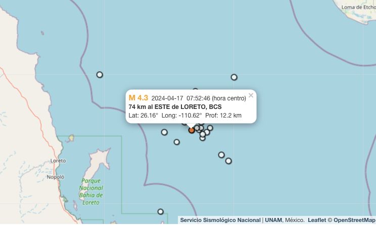 Temblor de 4.3 sacude Loreto, Baja California Sur