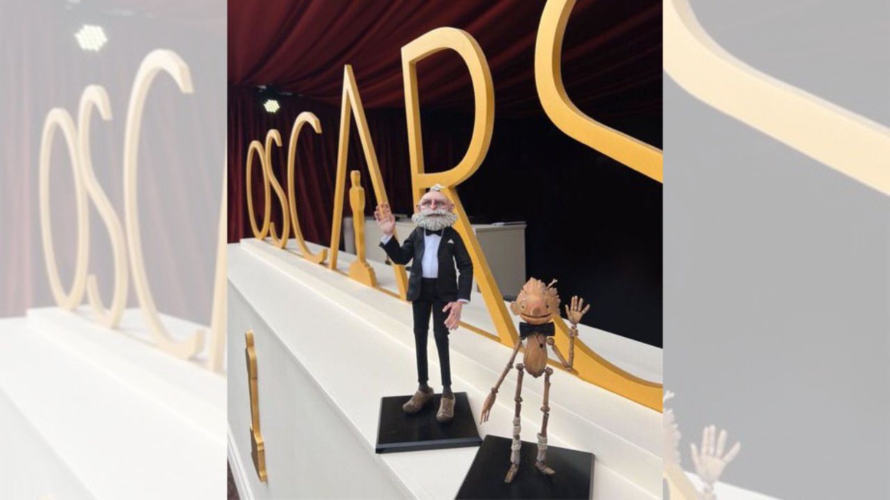 Pinocho y Geppetto en la alfombra roja de los Premios Oscar 2023 IFOTO:  @GrisGrimly