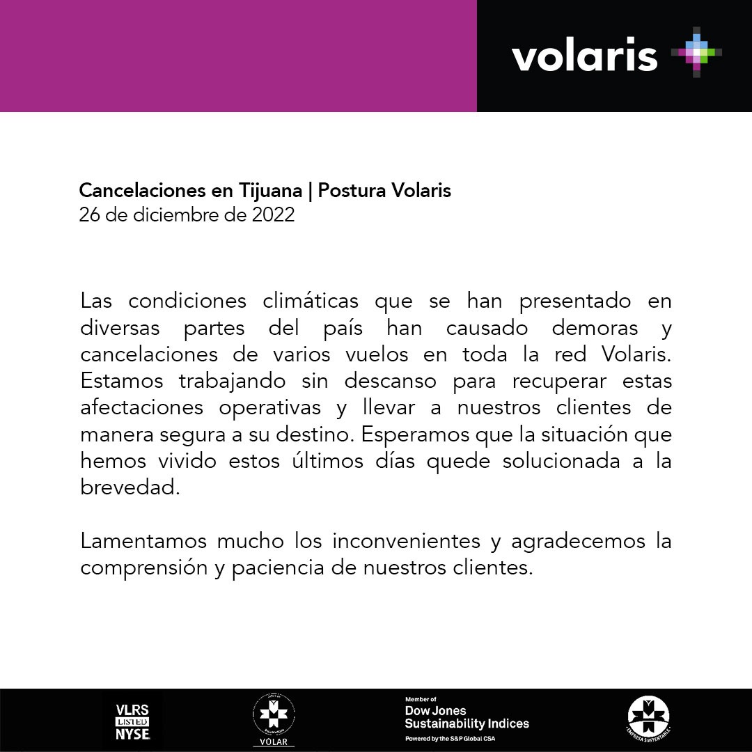 Se disculpa Volaris por caos en aeropuerto de Tijuana; culpa al clima