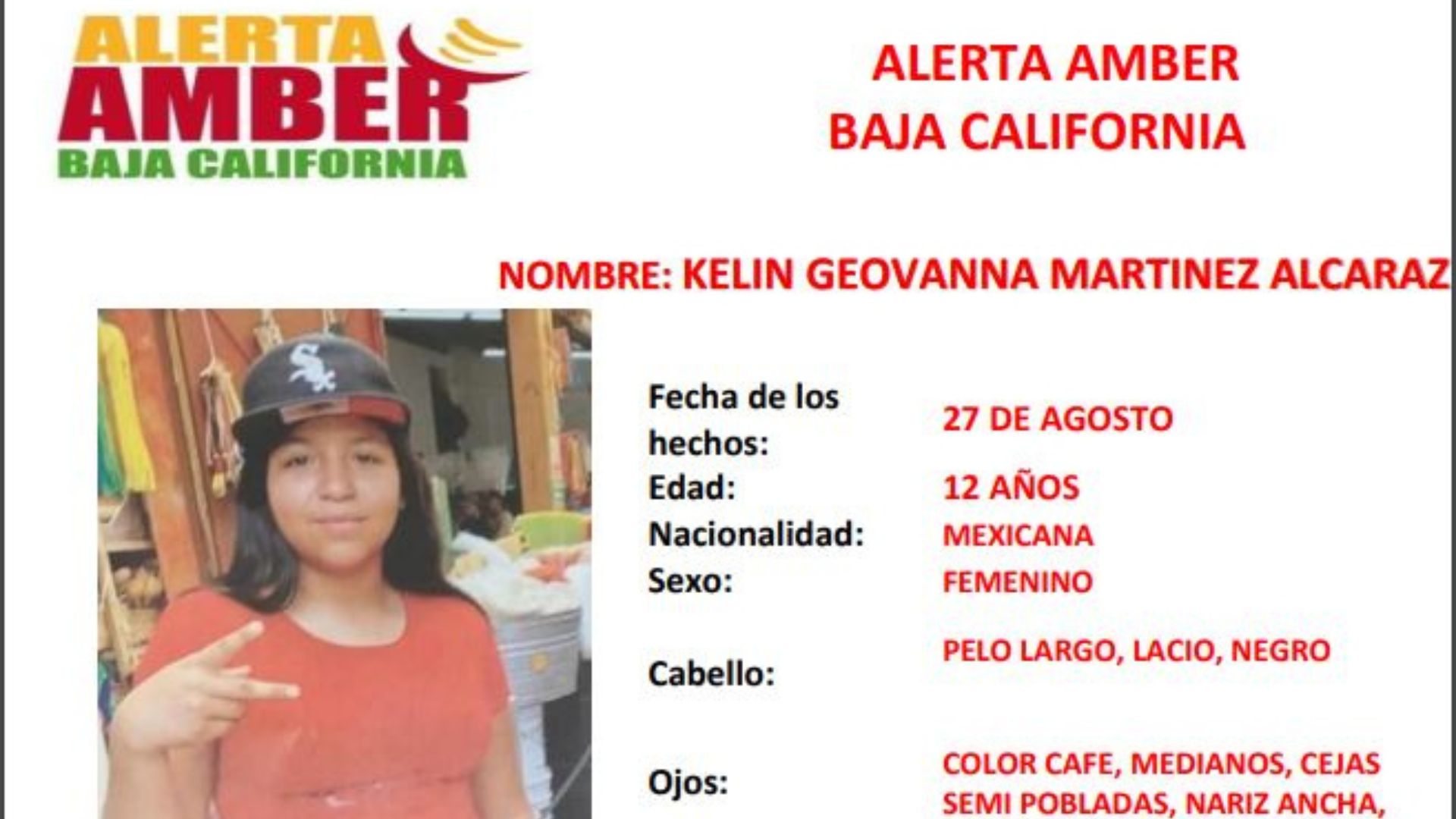 Alerta amber B.C Kelin Geovanna  Martínez Alcaraz de 12 años