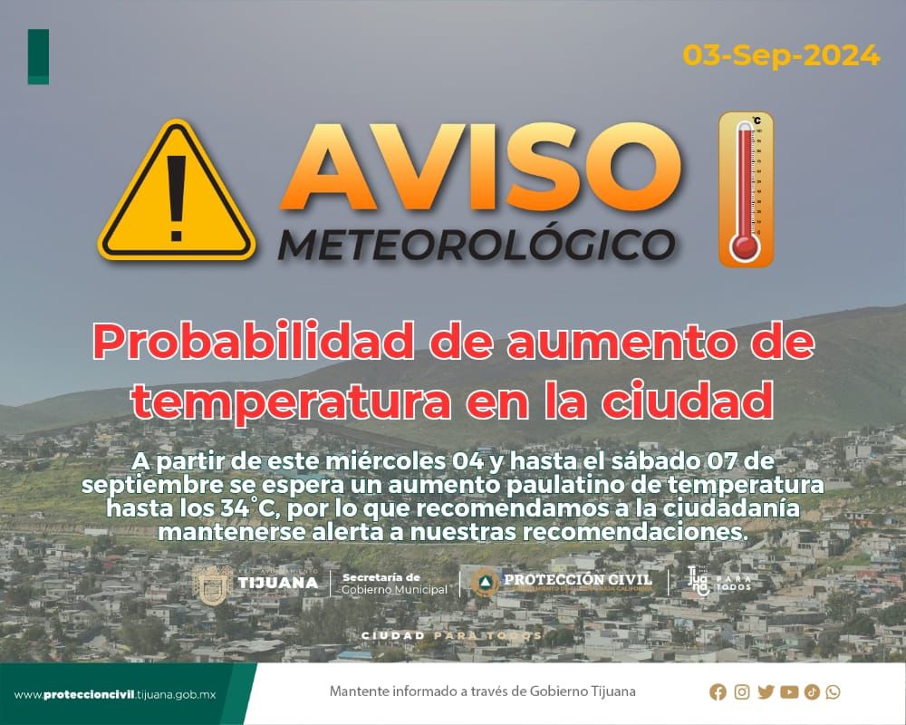 Emite Protección Civil recomendaciones ante posible aumento de temperatura en Tijuana