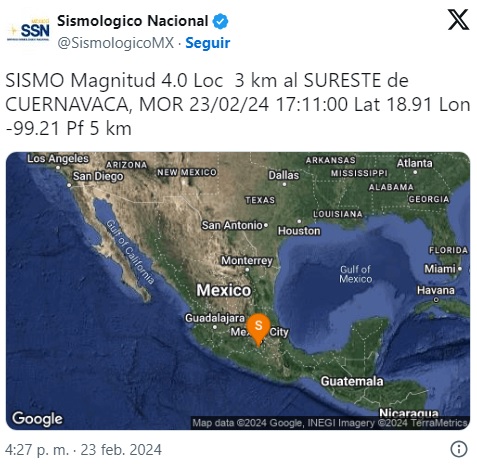 Registran sismo en Cuernavaca, Morelos