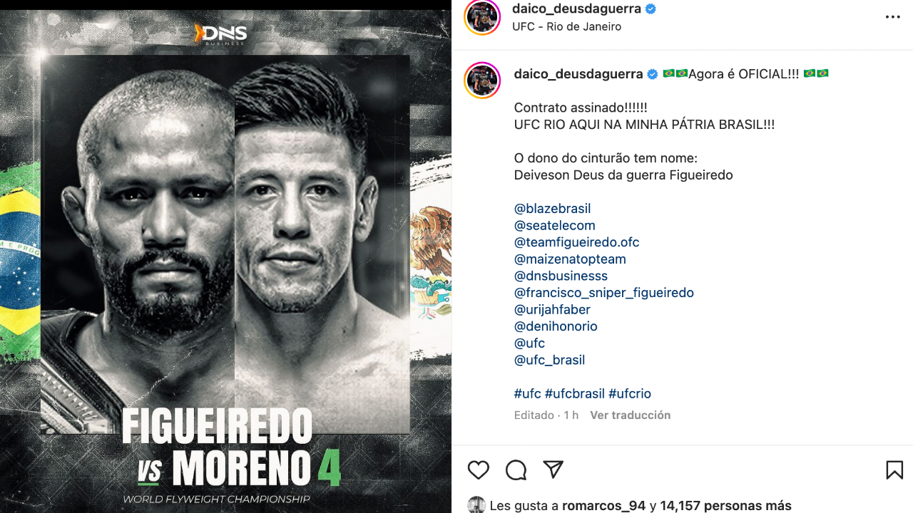 Deiveson Figueiredo hizo oficial el combate vs Brandon Moreno a través de sus redes sociales. (Foto: Instagram: daico_deusdaguerra)