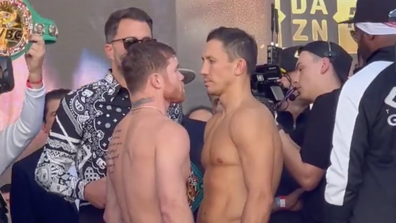 Canelo y GGG tuvieron su último frente a frente antes de la pelea de este Sábado en Las Vegas. (Foto: Twiter @HelenYeeSports)