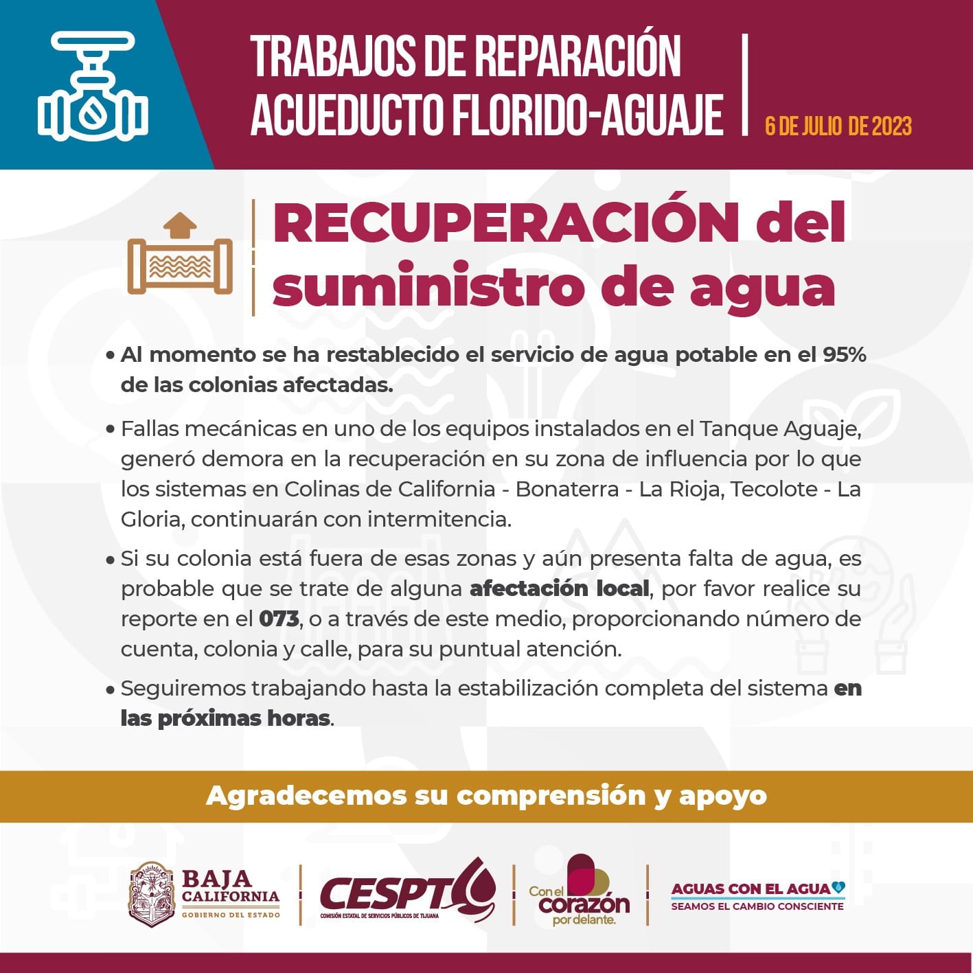 Cespt reporta 95% de restablecimiento